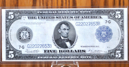 1914 5 Dollar Federal Reserve Note Large Size Fr871 - AU (About Unc.) -Chicago 1914 Five Dollar Bill Large Note 1914 Horseblanket Fr#871