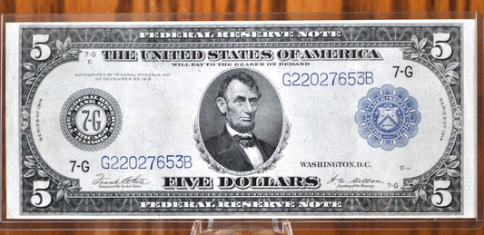 1914 5 Dollar Federal Reserve Note Large Size Fr871 - AU (About Unc.) -Chicago 1914 Five Dollar Bill Large Note 1914 Horseblanket Fr#871
