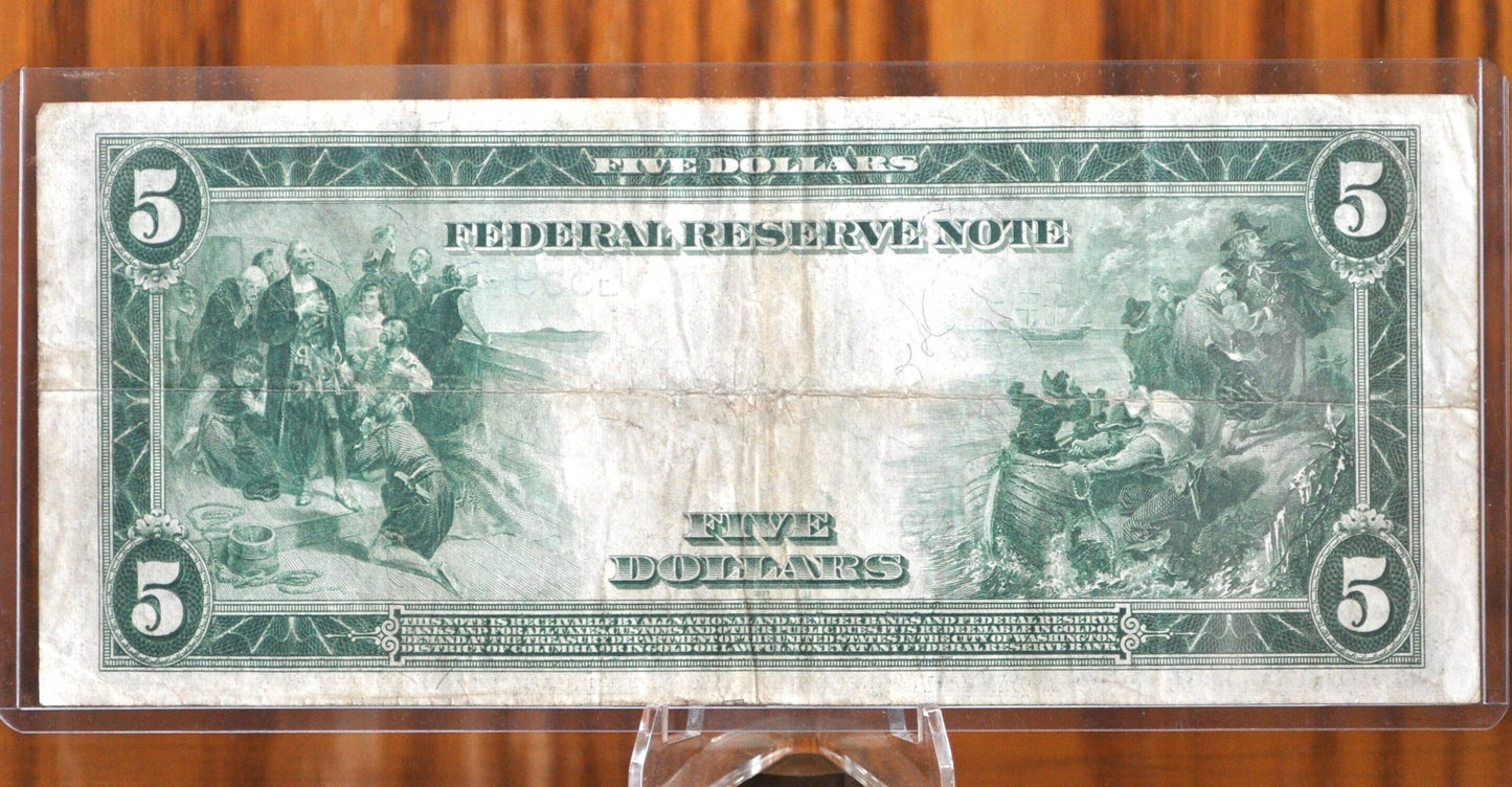 1914 5 Dollar Federal Reserve Note Large Size Fr871 - VF (Very Fine) - Chicago 1914 Five Dollar Bill Large Note 1914 Horseblanket Fr#871