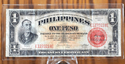 1941 Philippines 1 Peso Banknote, Rarer Note - Great Condition - One Peso Philippines Pre-WWII