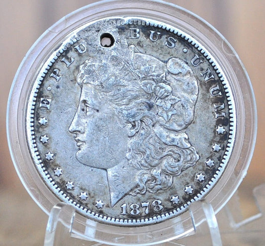 1878 Morgan Silver Dollar - Great Detail, Holed - Jewelry Piece / Filler Coin - First Year Made - 1878 Seven Feather 7 Feather 1878 Morgan