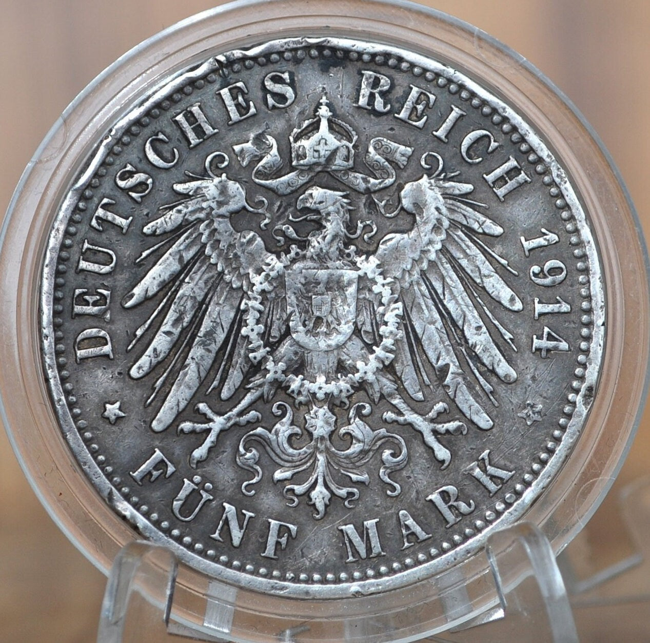 1914 German States 5 Mark Prussia Silver - XF Detail, Damaged - Germany 1914 WWI Era German Silver Funf Mark